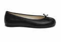 A black leather ballet flat shoe with a small black bow detail on the toe, shown in profile against a plain white background.