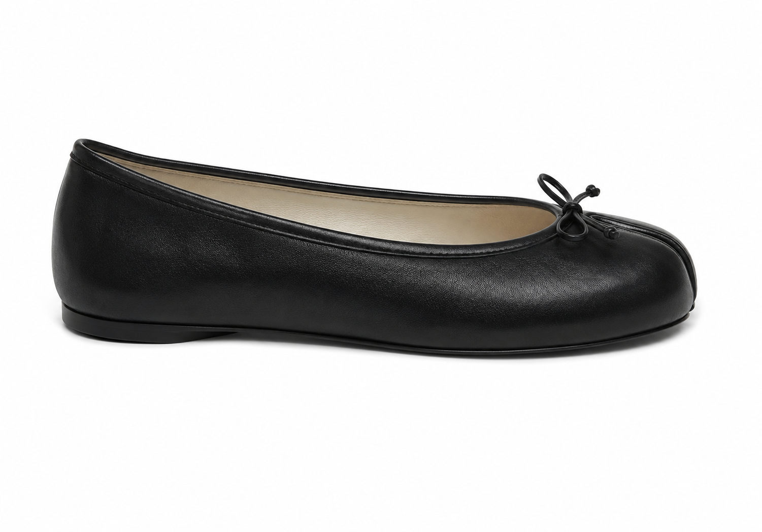 A black leather ballet flat shoe with a small black bow detail on the toe, shown in profile against a plain white background.
