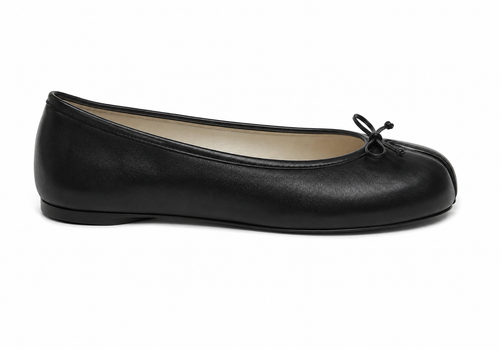 A black leather ballet flat shoe with a small black bow detail on the toe, shown in profile against a plain white background.