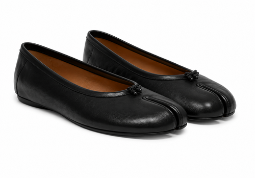 A pair of black leather split-toe ballet flats with a small black bow detail at the center of the toe, shown on a clean white background.